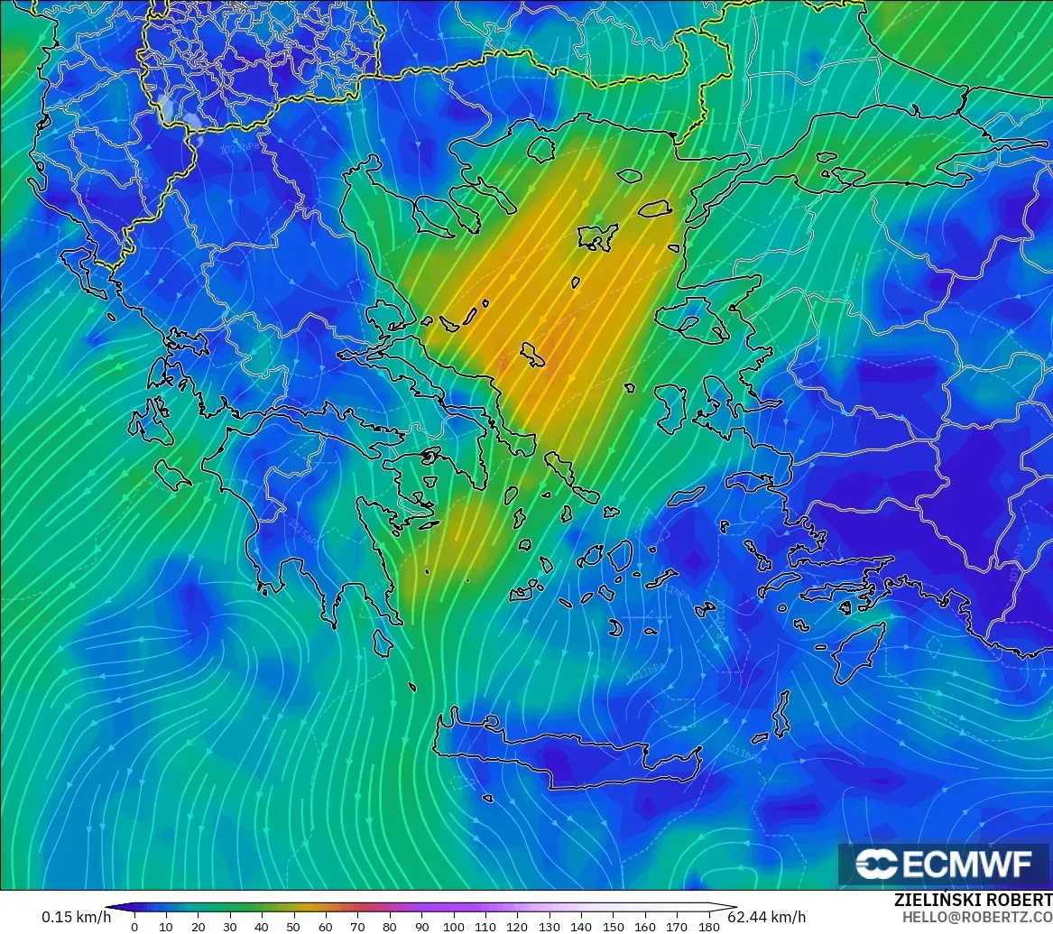ECMWF IFS 0,25° modelo - Grécia, Vento a 10 m