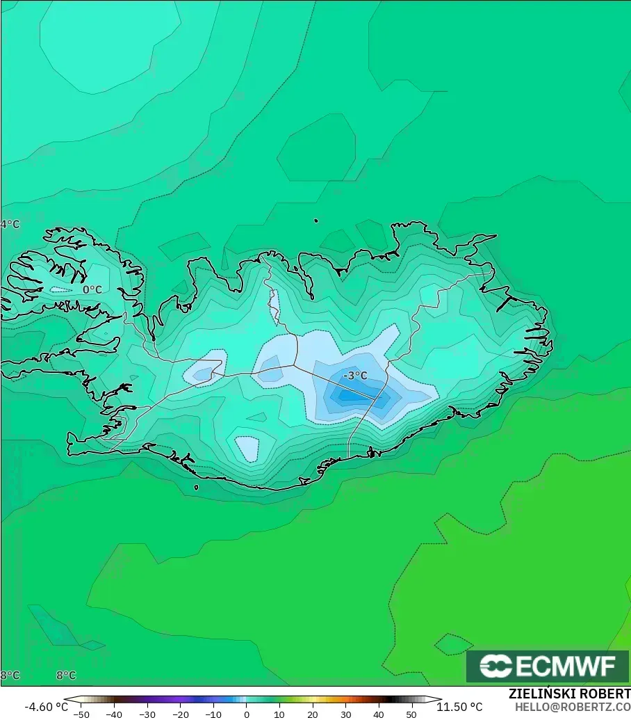 ECMWF IFS 0,25° modelo - Islândia, Temperatura a 2 m