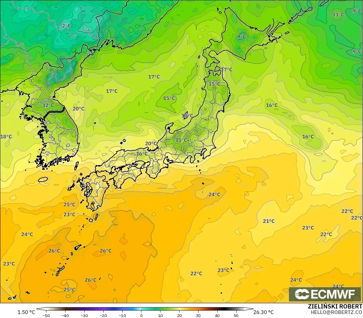 ECMWF IFS 0,25° modelo - Japão, Ponto de orvalho a 2 m