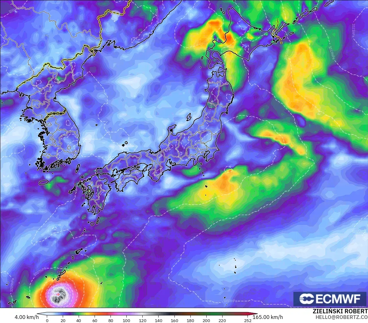 ECMWF IFS 0,25° modelo - Japão, Rajadas de Vento Máximas
