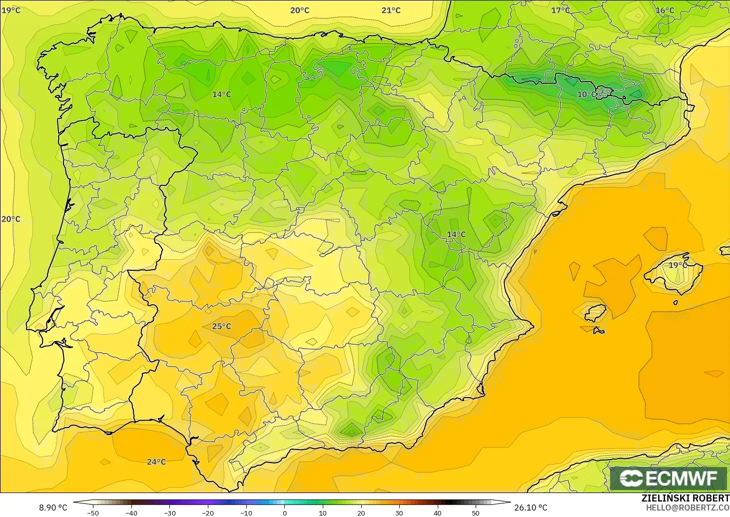 ECMWF IFS 0,25° modelo - Espanha, Temperatura a 2 m
