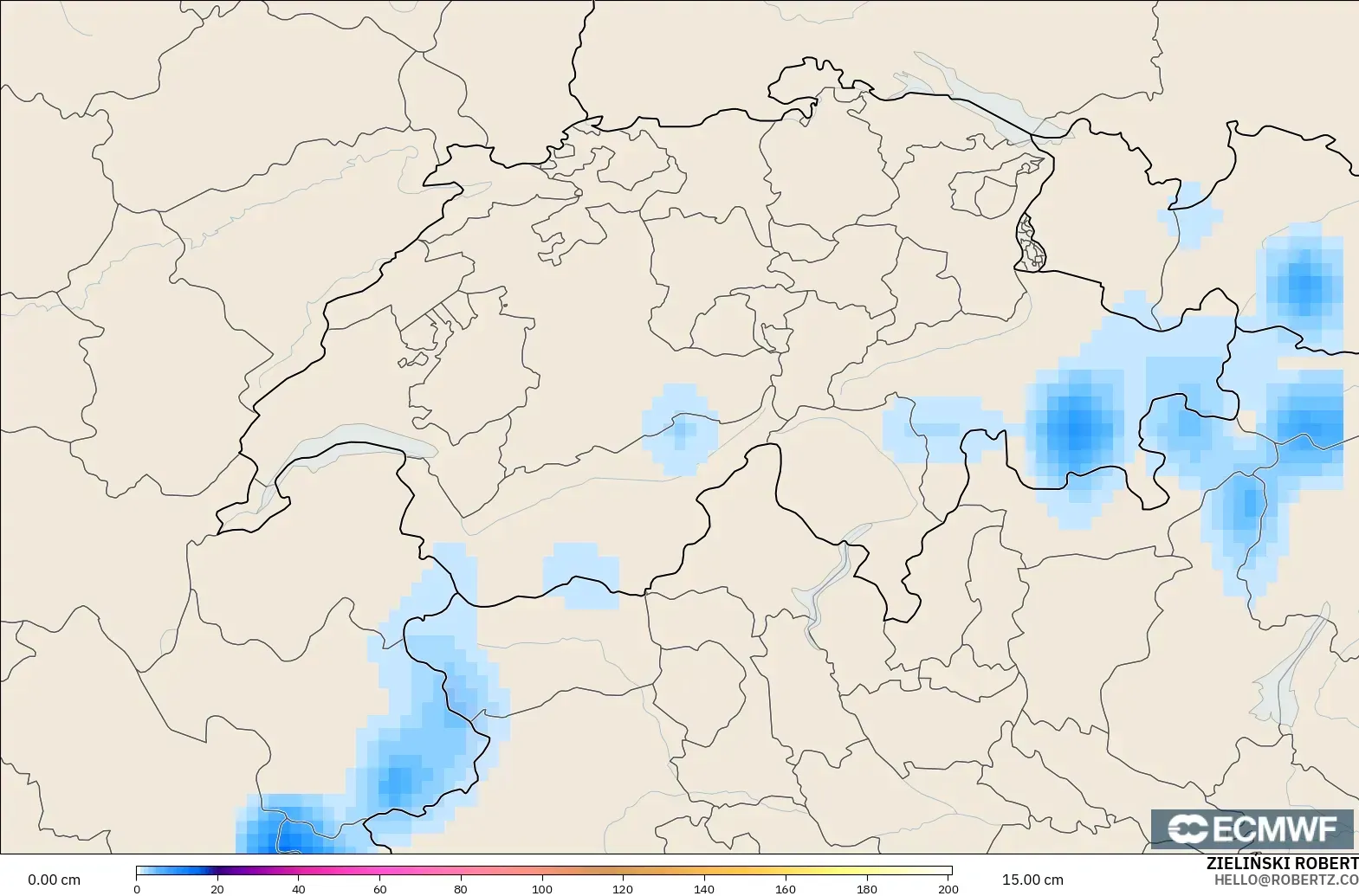 ECMWF IFS 0,25° modelo - Suíça, Profundidade da neve