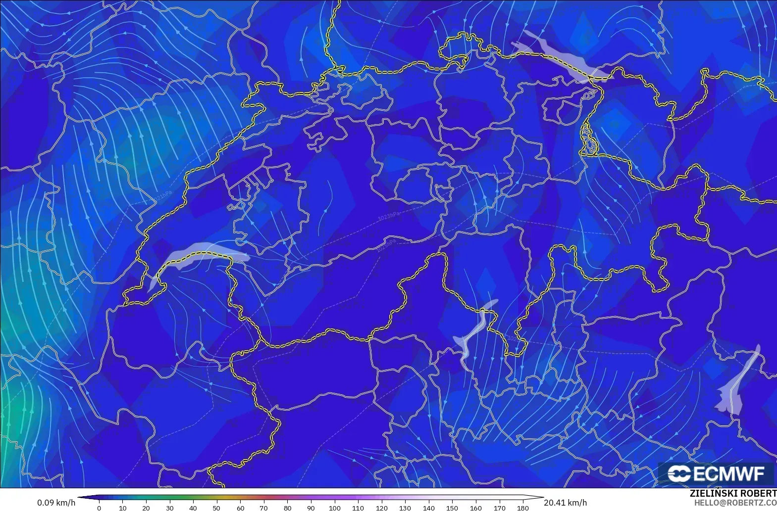 ECMWF IFS 0,25° modelo - Suíça, Vento a 10 m
