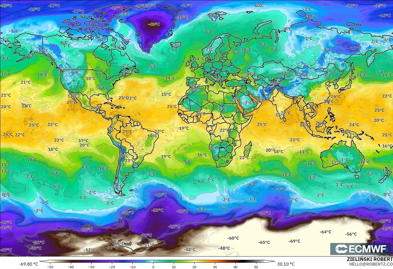 ECMWF IFS 0,25° modelo - Mundo, Ponto de orvalho a 2 m