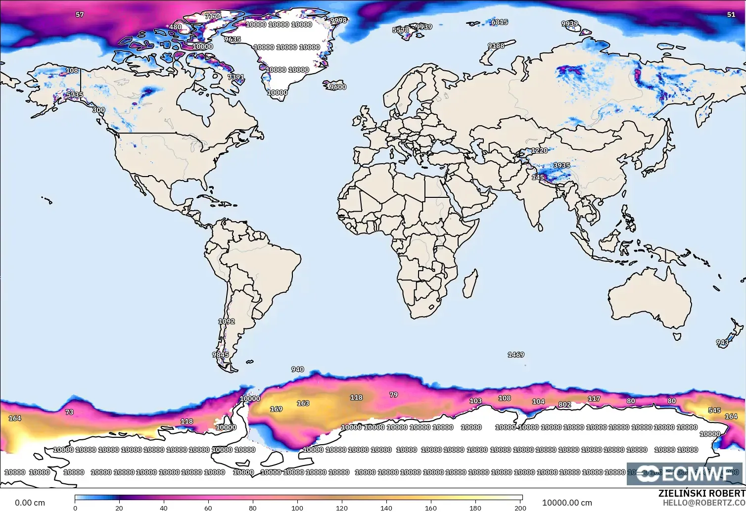 ECMWF IFS 0,25° modelo - Mundo, Profundidade da neve