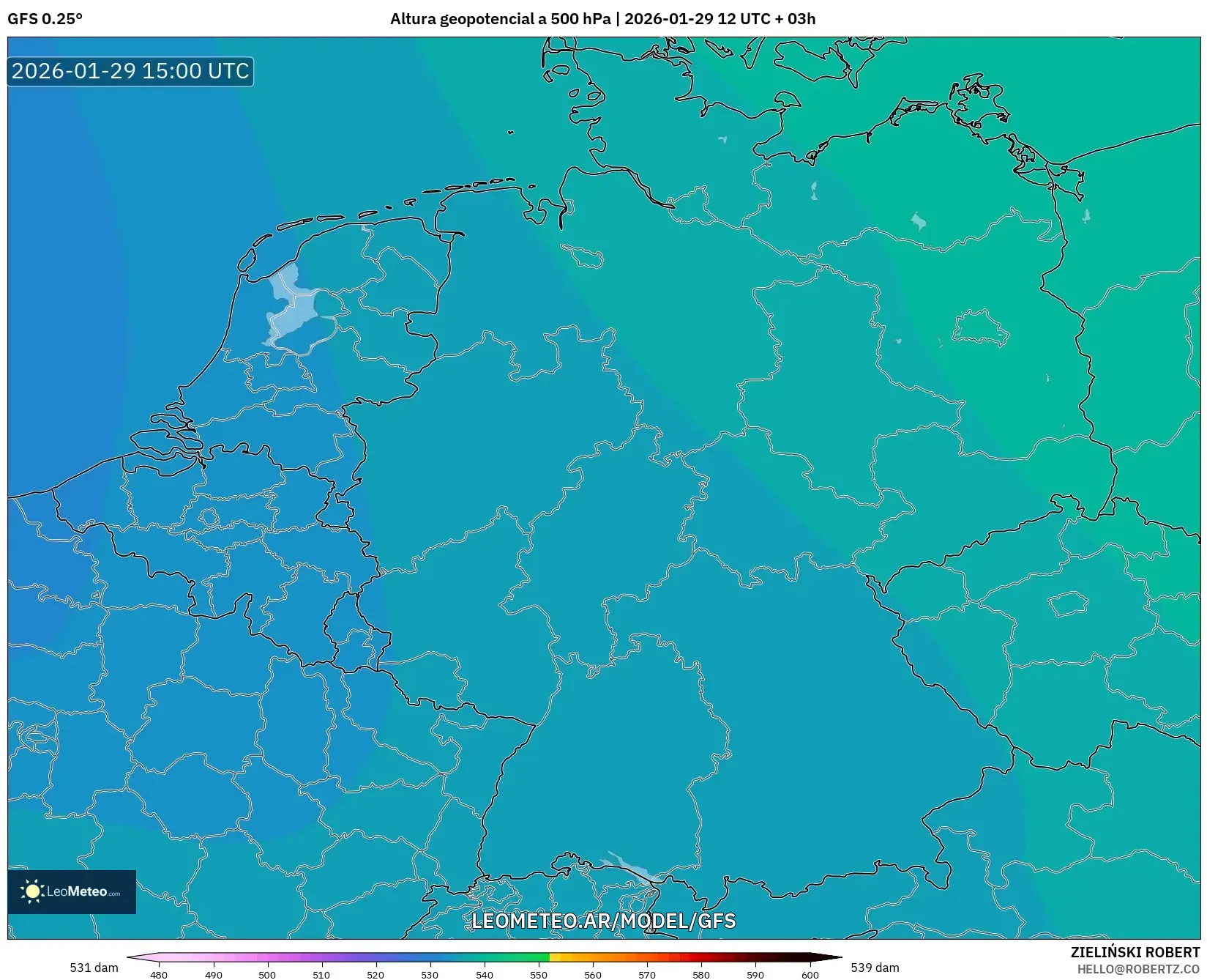 GFS model - Alemanha, Altura geopotencial a 500 hPa