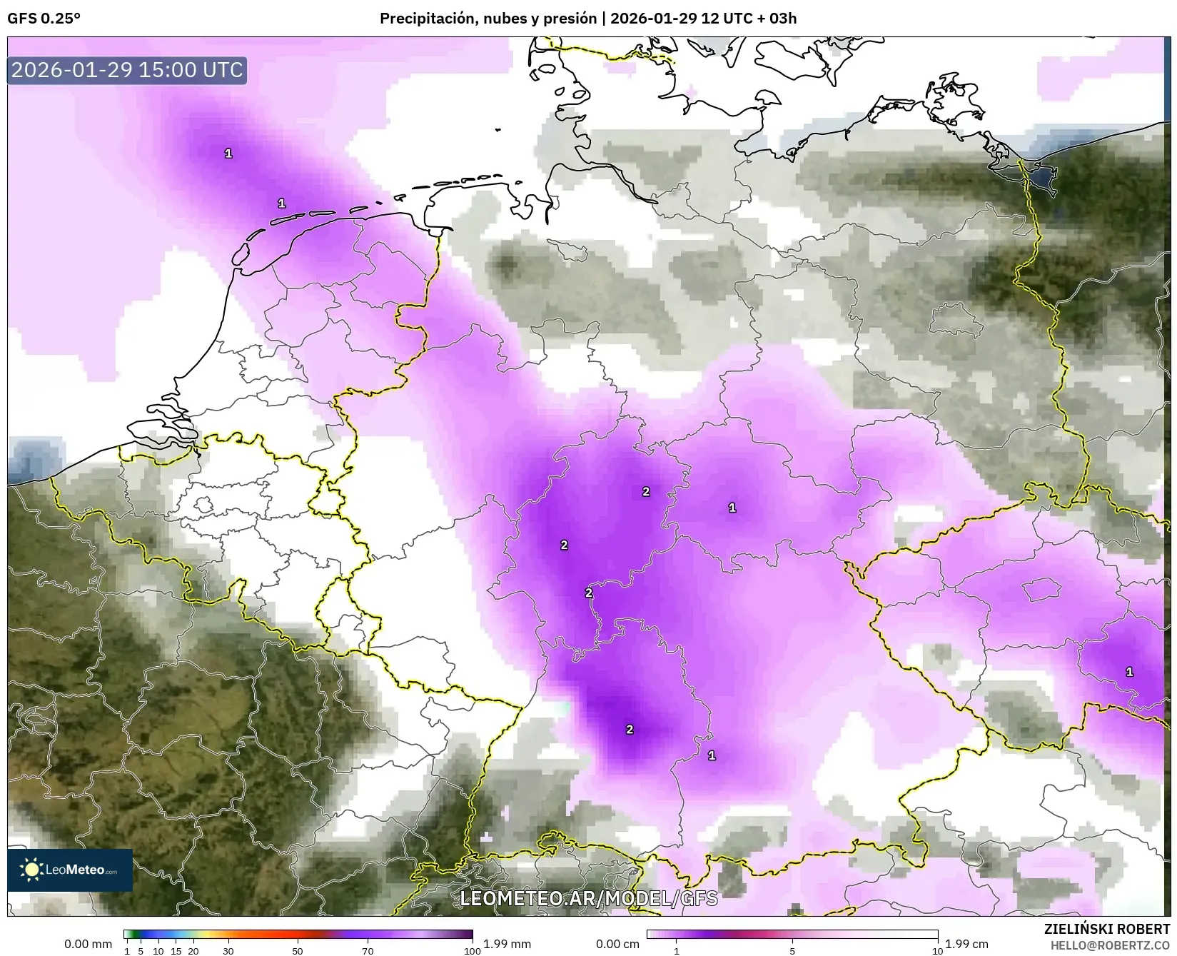 GFS model - Alemanha, Precipitação, nuvens e pressão