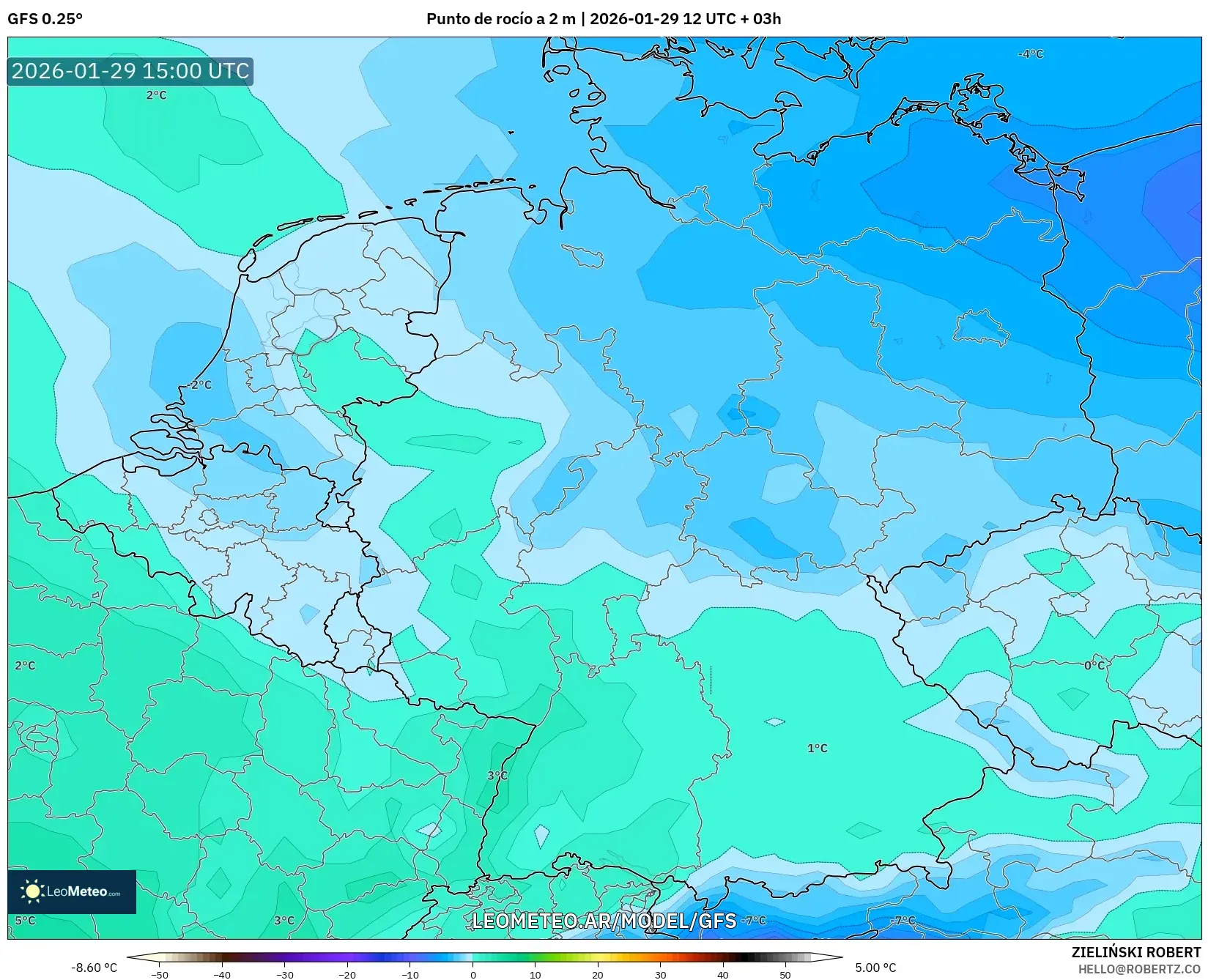 GFS model - Alemanha, Ponto de orvalho a 2 m