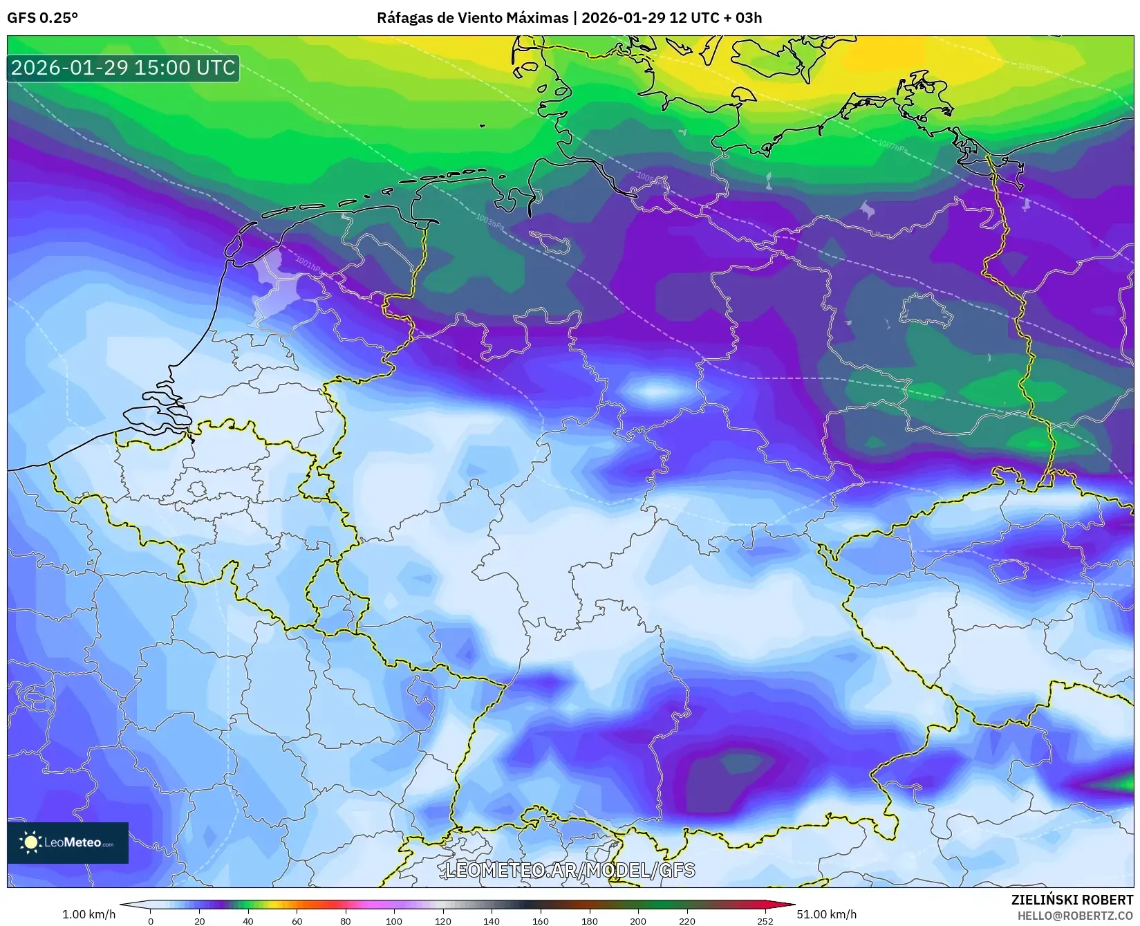 GFS model - Alemanha, Rajadas de Vento Máximas