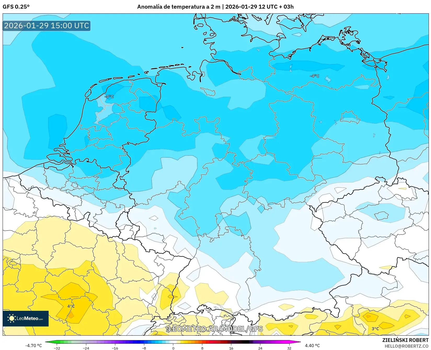 GFS model - Alemanha, Anomalia de temperatura a 2 m