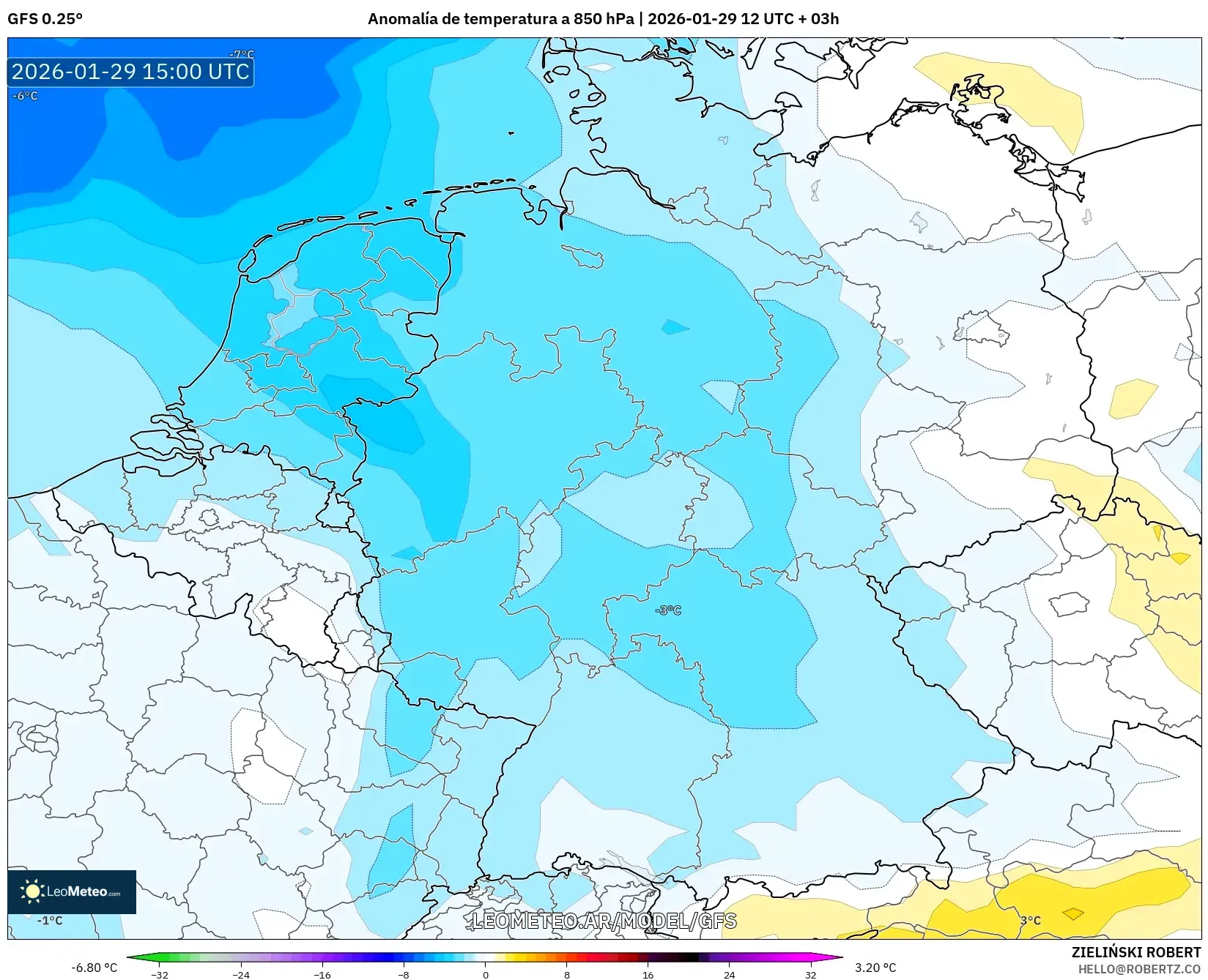 GFS model - Alemanha, Anomalia de temperatura a 850 hPa