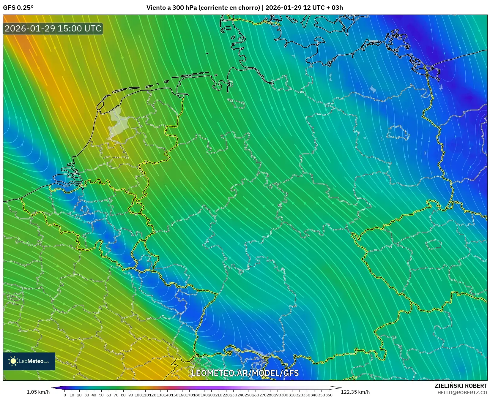 GFS model - Alemanha, Vento a 300 hPa (corrente em jato)