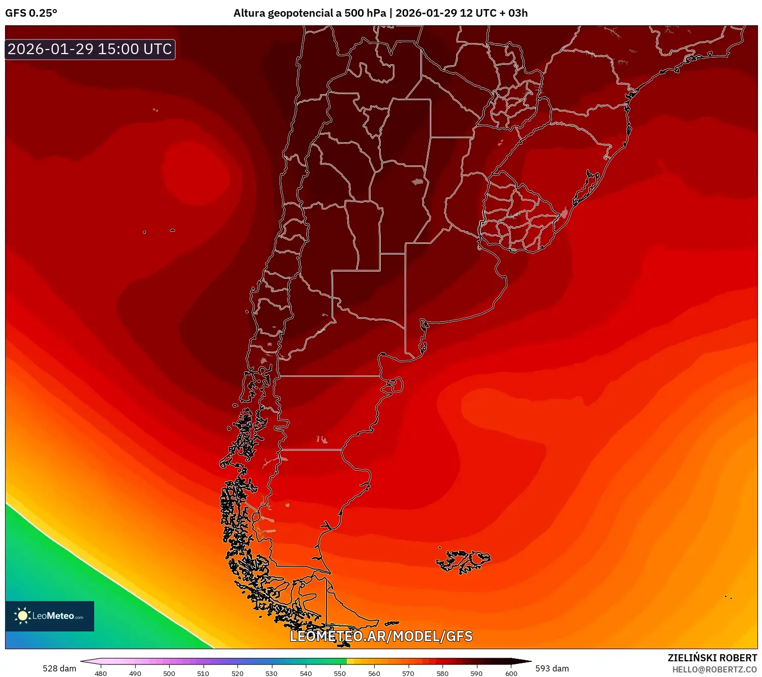 GFS model - Argentina, Altura geopotencial a 500 hPa