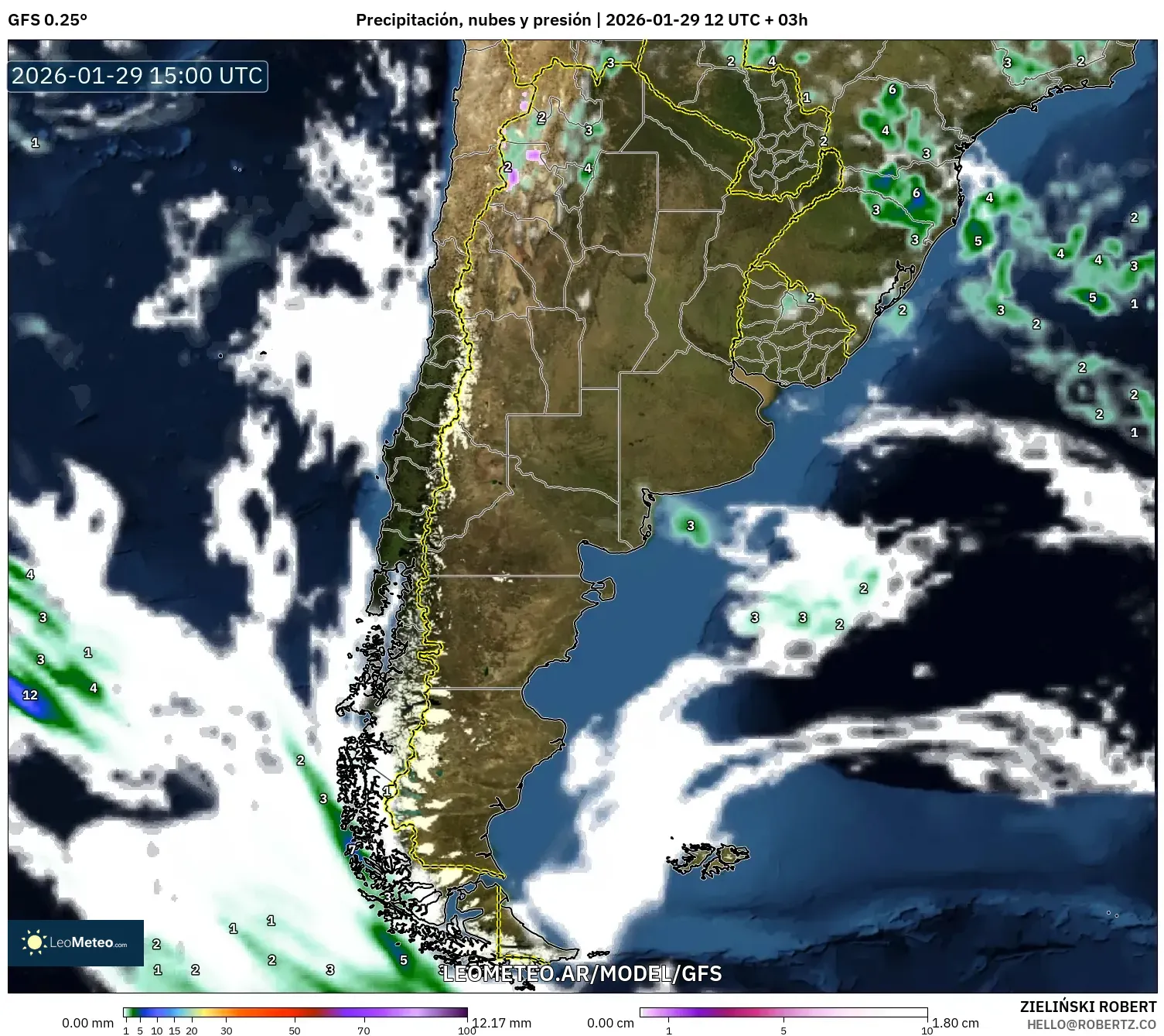 GFS model - Argentina, Precipitação, nuvens e pressão