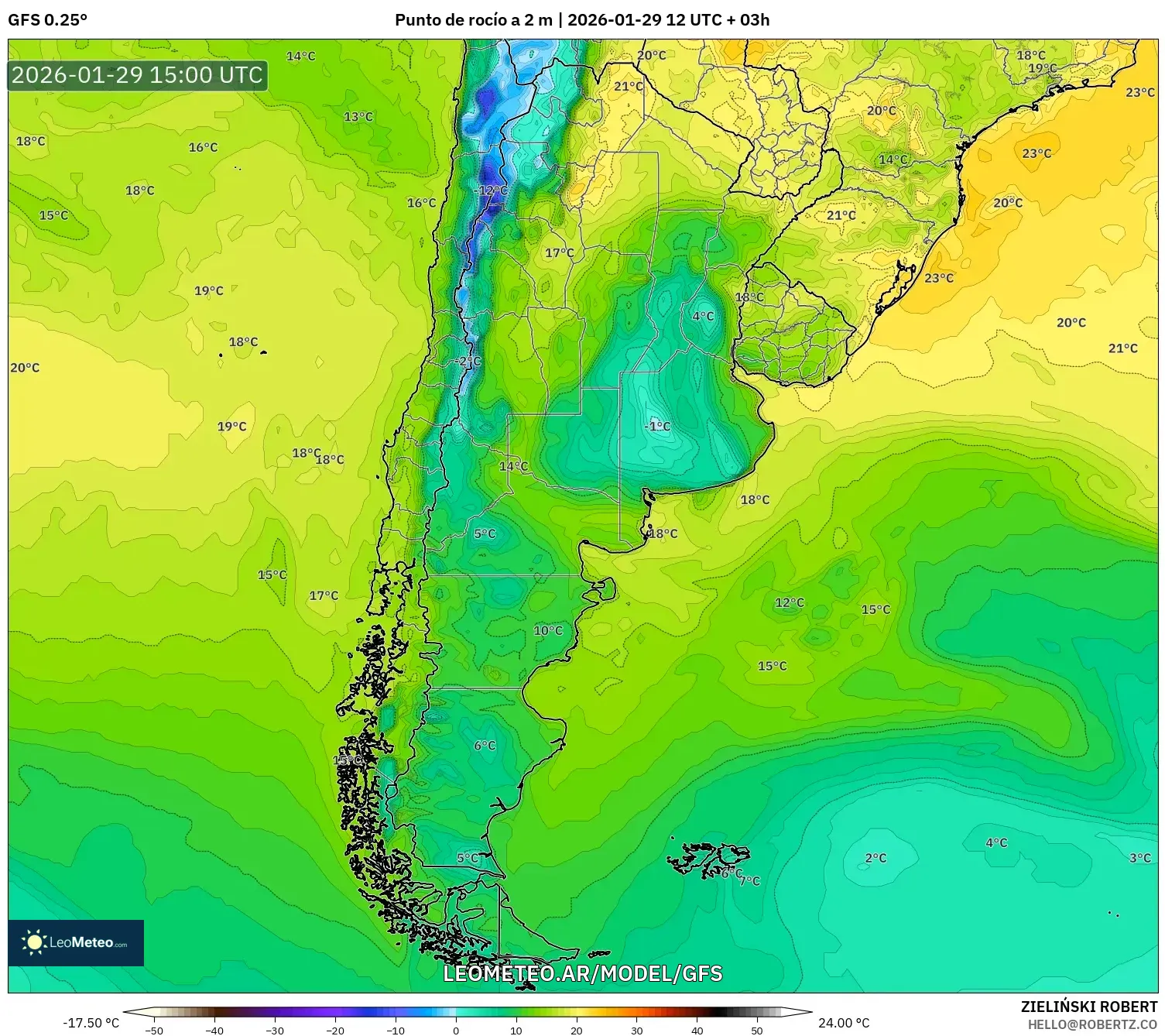 GFS model - Argentina, Ponto de orvalho a 2 m