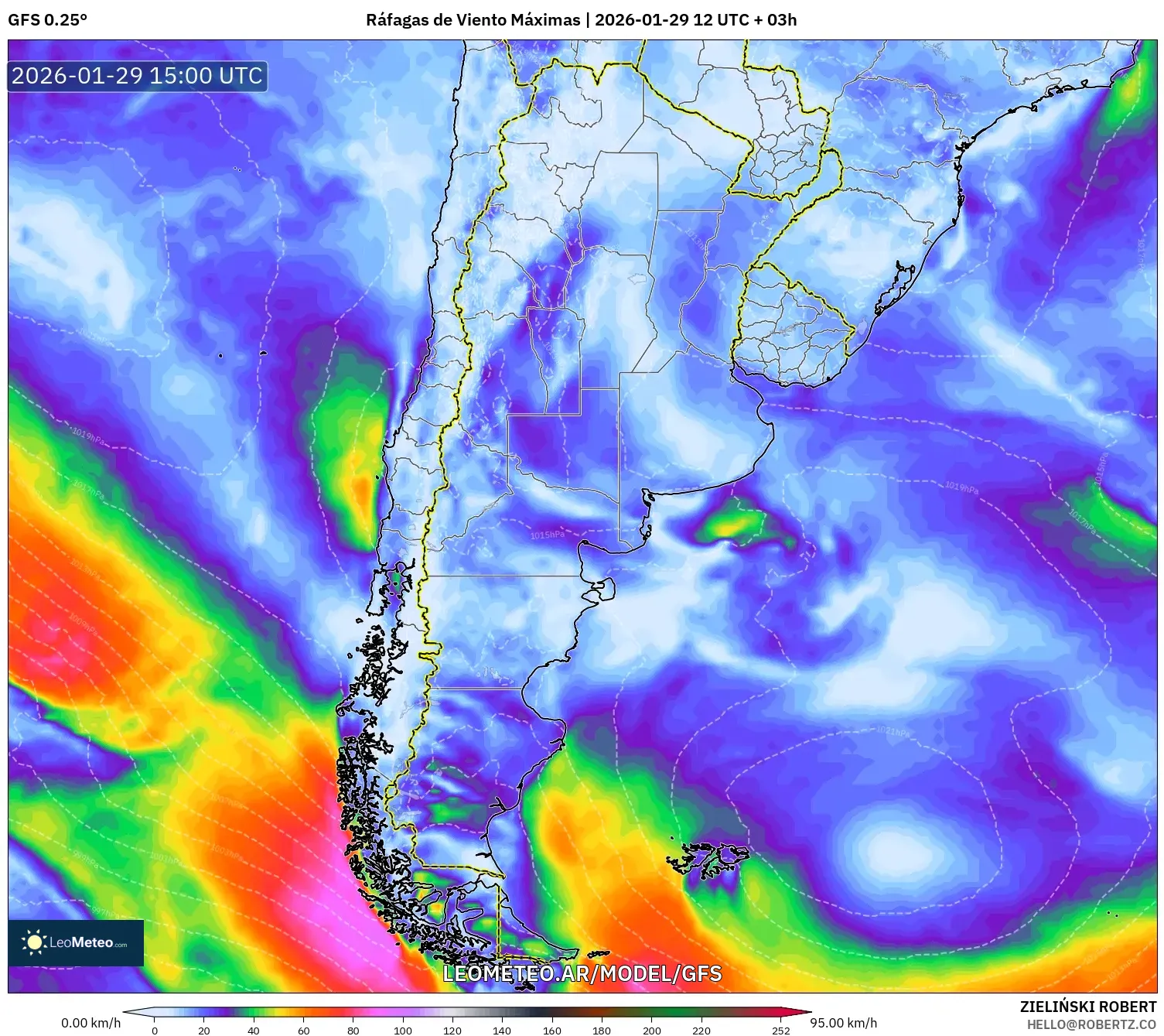 GFS model - Argentina, Rajadas de Vento Máximas