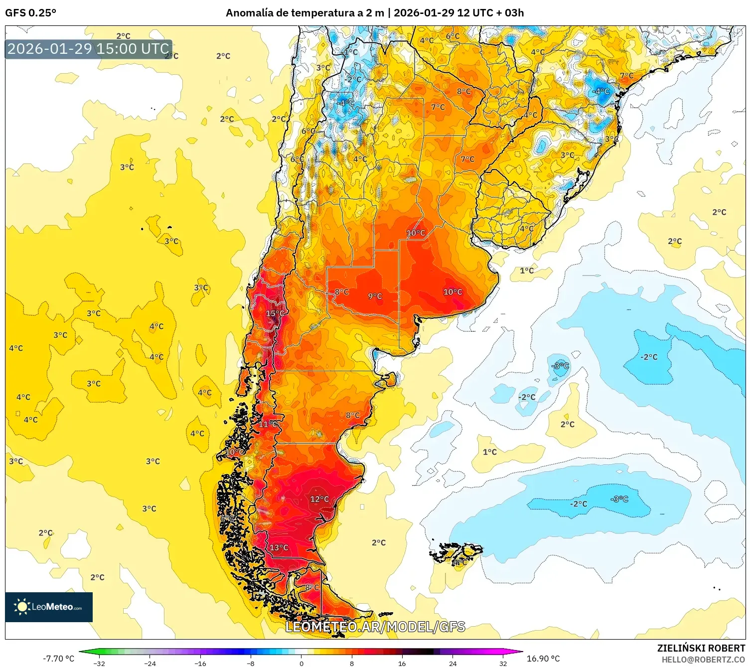 GFS model - Argentina, Anomalia de temperatura a 2 m