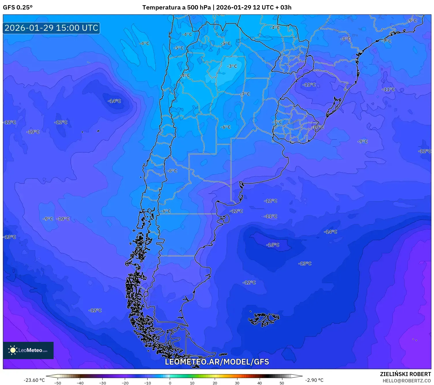 GFS model - Argentina, Temperatura a 500 hPa
