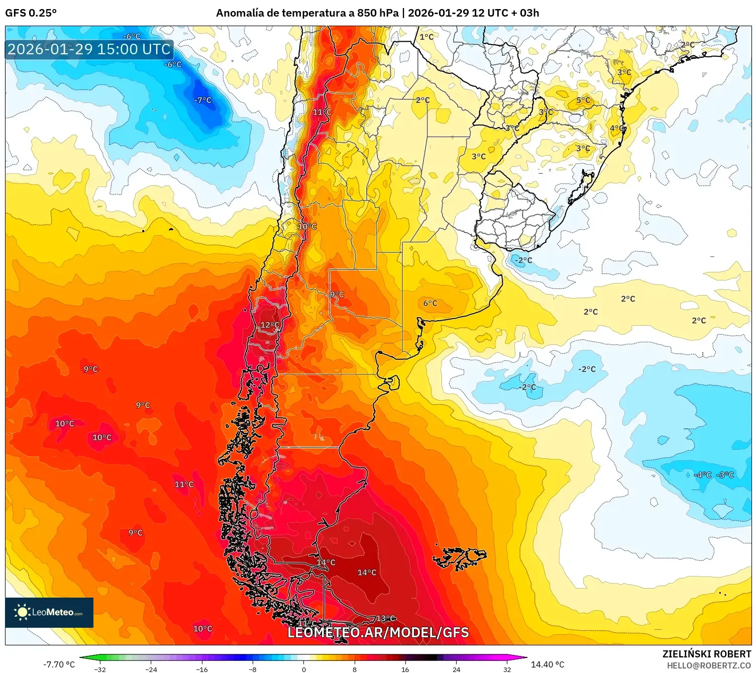 GFS model - Argentina, Anomalia de temperatura a 850 hPa