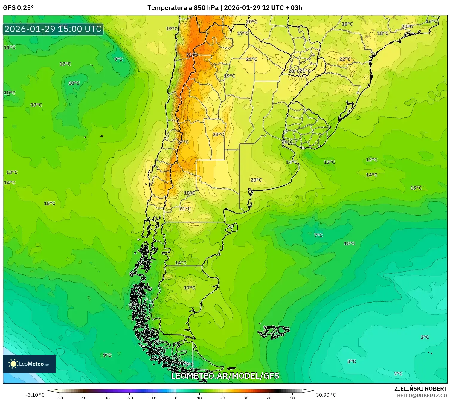 GFS model - Argentina, Temperatura a 850 hPa