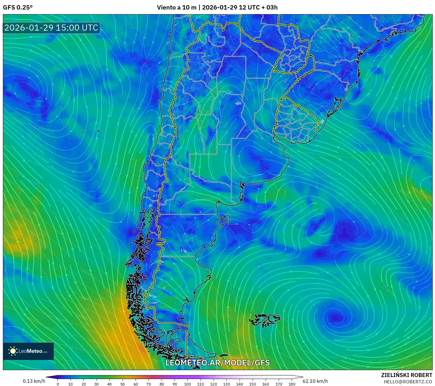 GFS model - Argentina, Vento a 10 m
