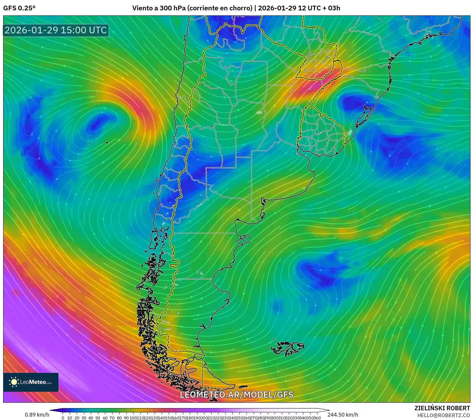 GFS model - Argentina, Vento a 300 hPa (corrente em jato)