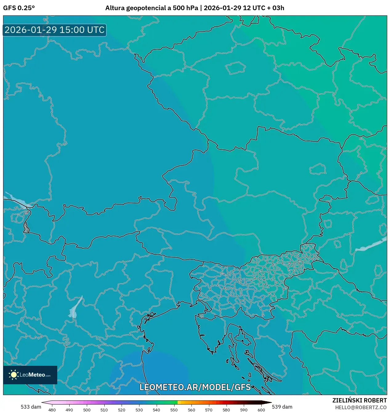 GFS model - Áustria, Altura geopotencial a 500 hPa