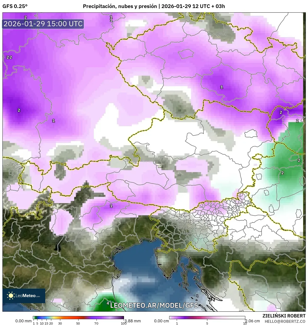 GFS model - Áustria, Precipitação, nuvens e pressão