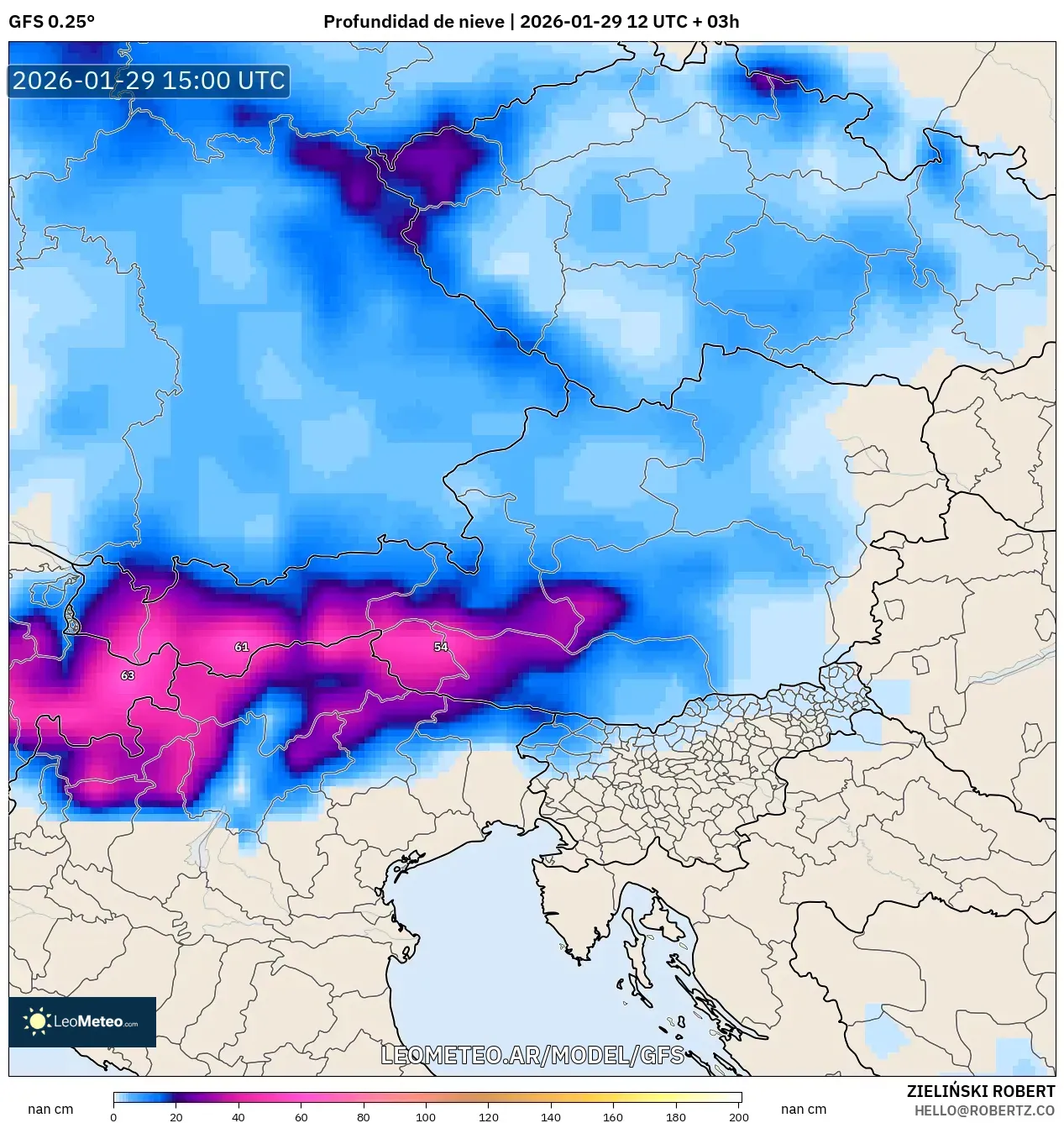 GFS model - Áustria, Profundidade da neve