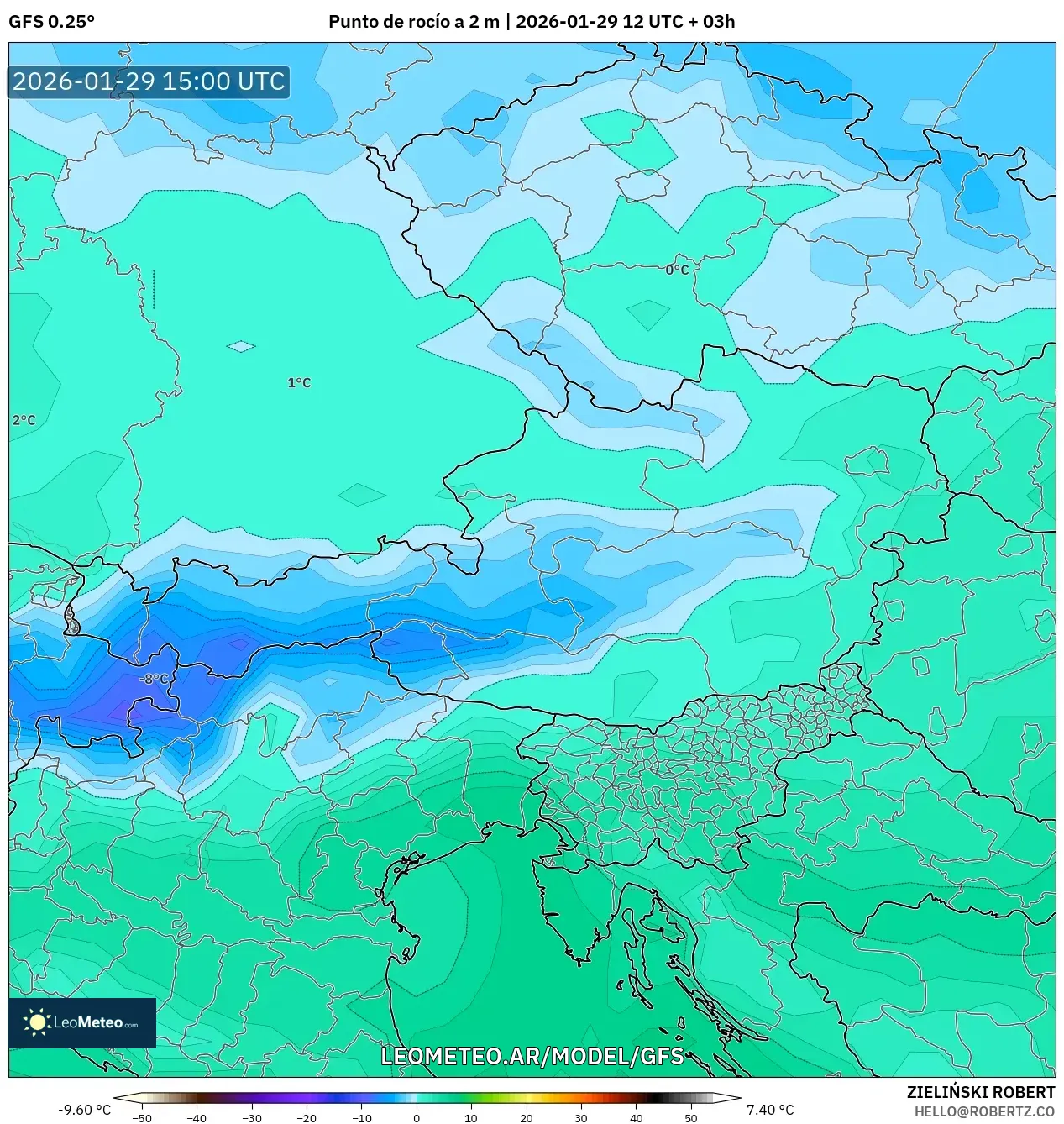 GFS model - Áustria, Ponto de orvalho a 2 m