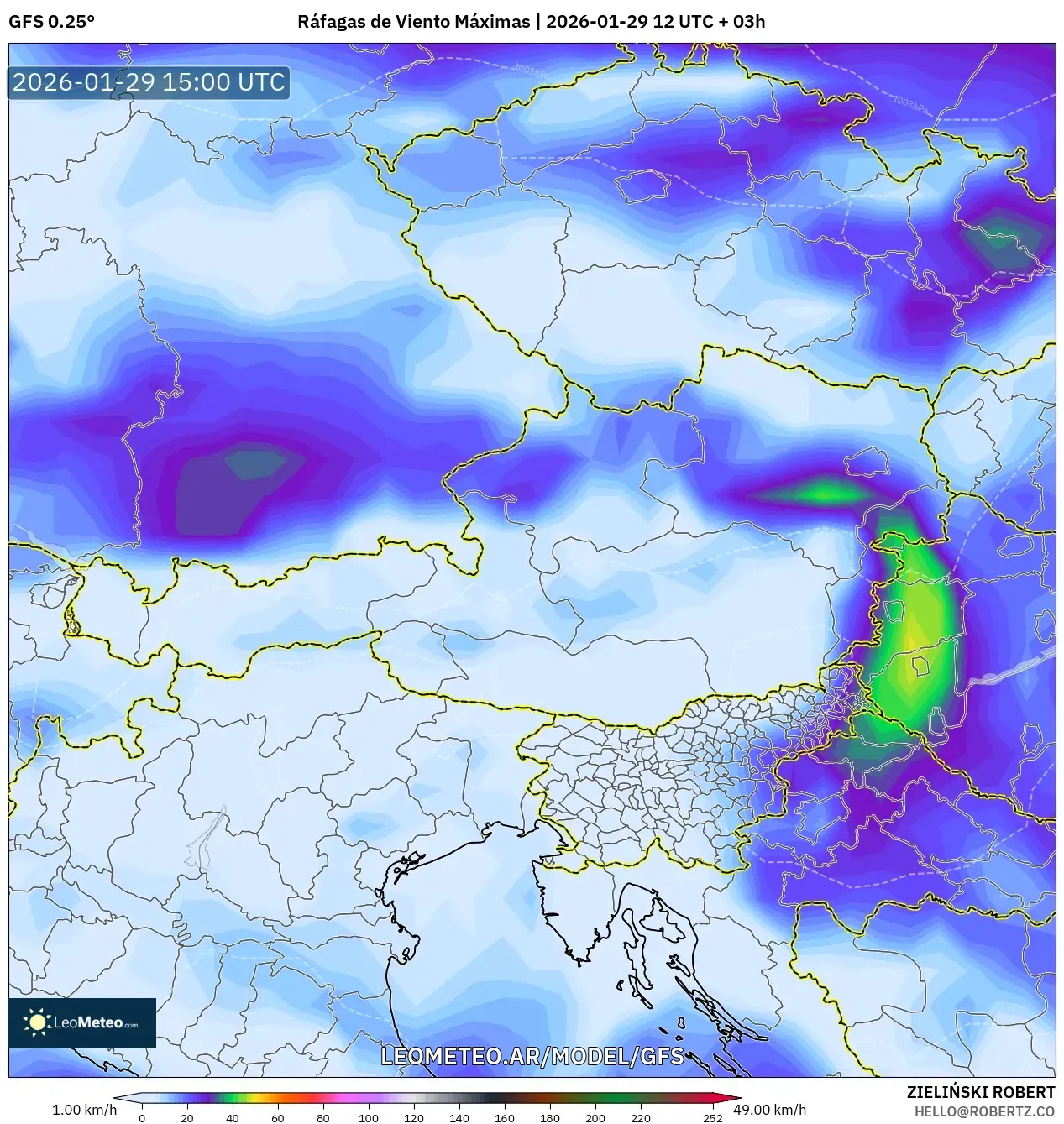 GFS model - Áustria, Rajadas de Vento Máximas