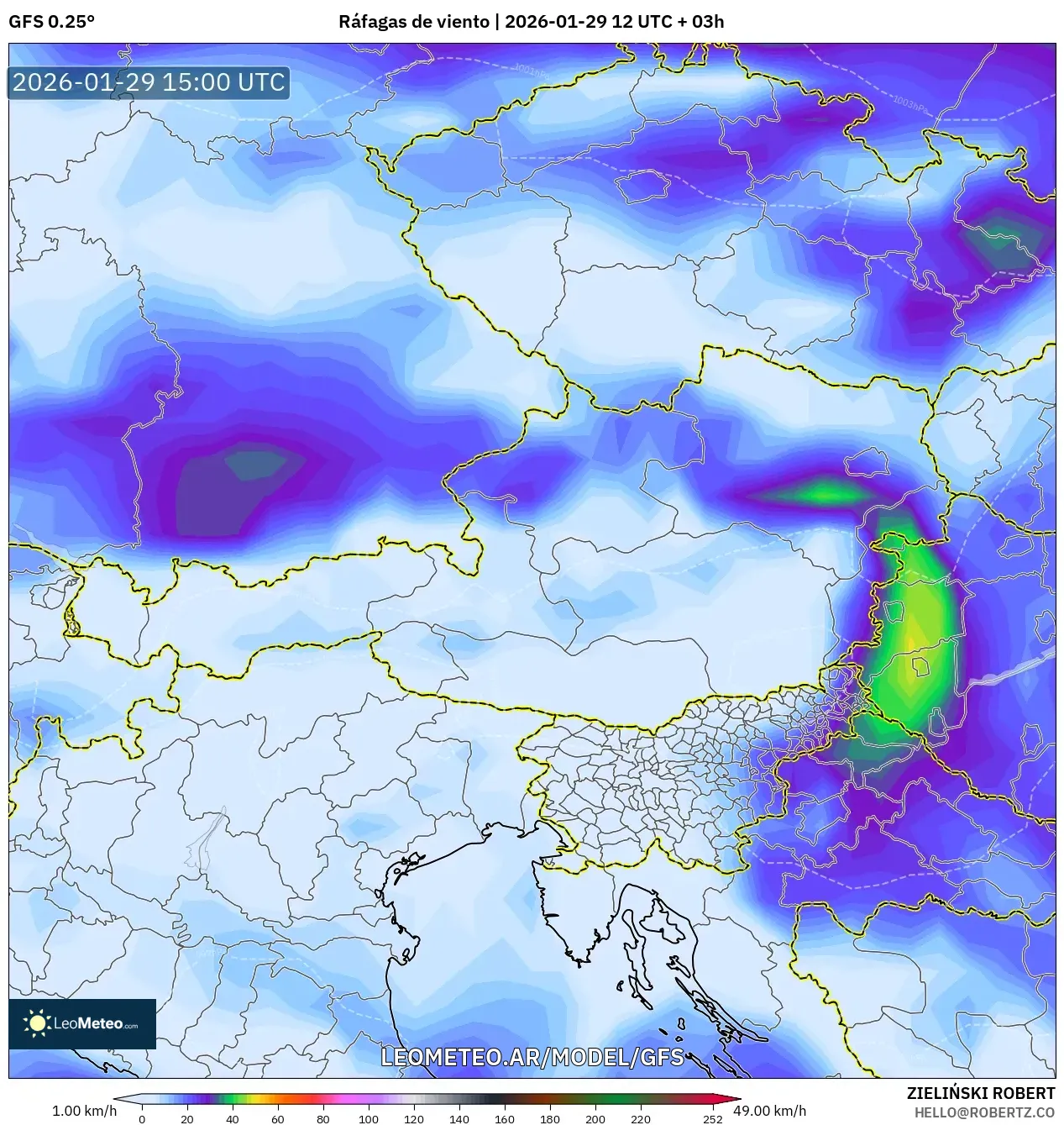 GFS model - Áustria, Rajadas de vento