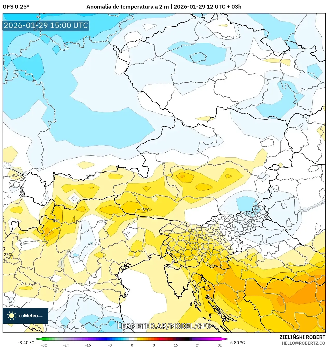 GFS model - Áustria, Anomalia de temperatura a 2 m