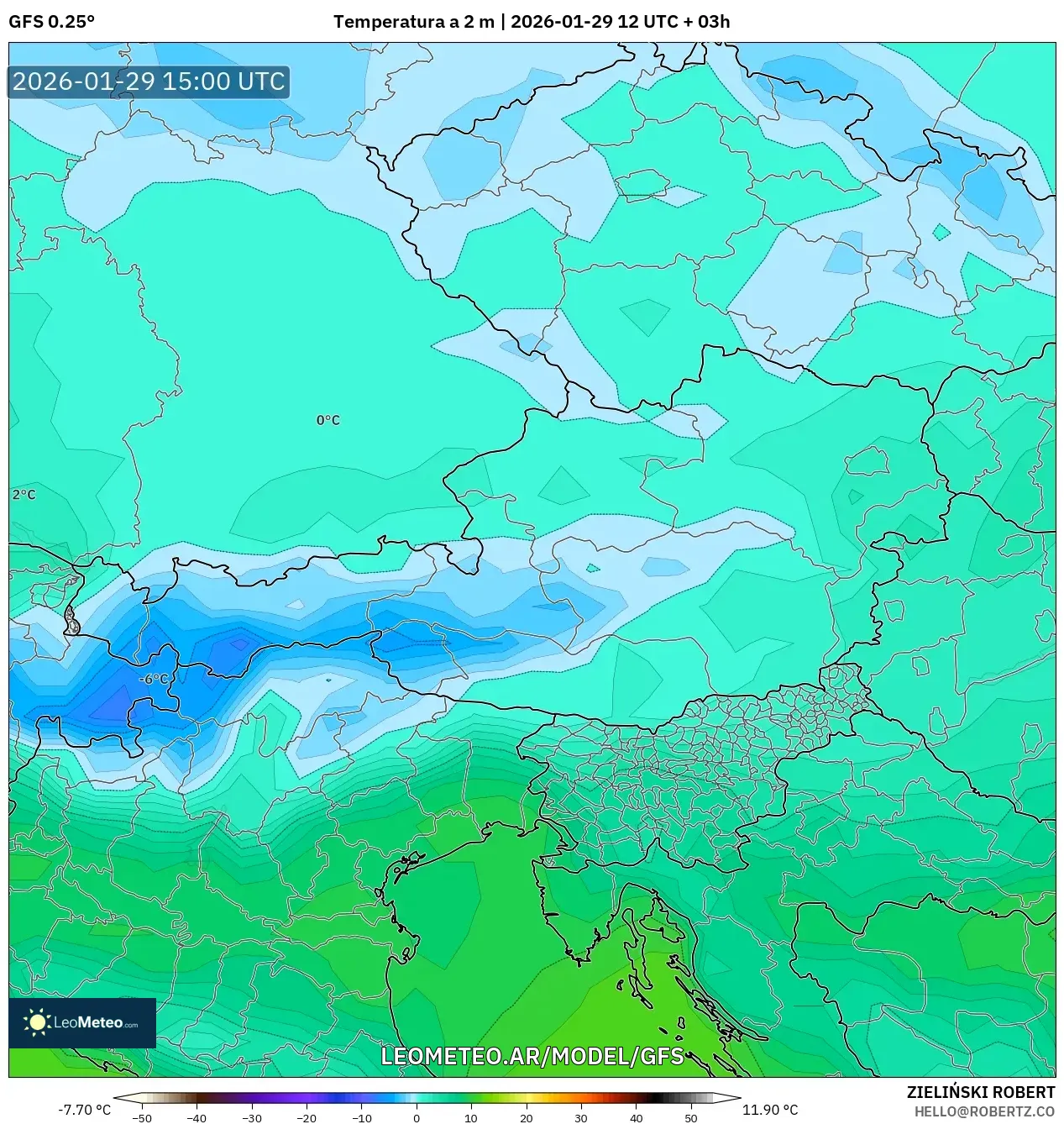 GFS model - Áustria, Temperatura a 2 m