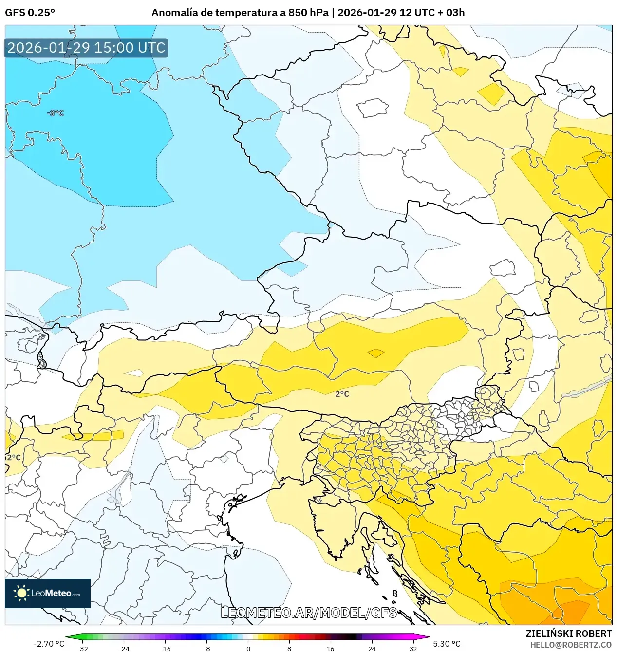 GFS model - Áustria, Anomalia de temperatura a 850 hPa