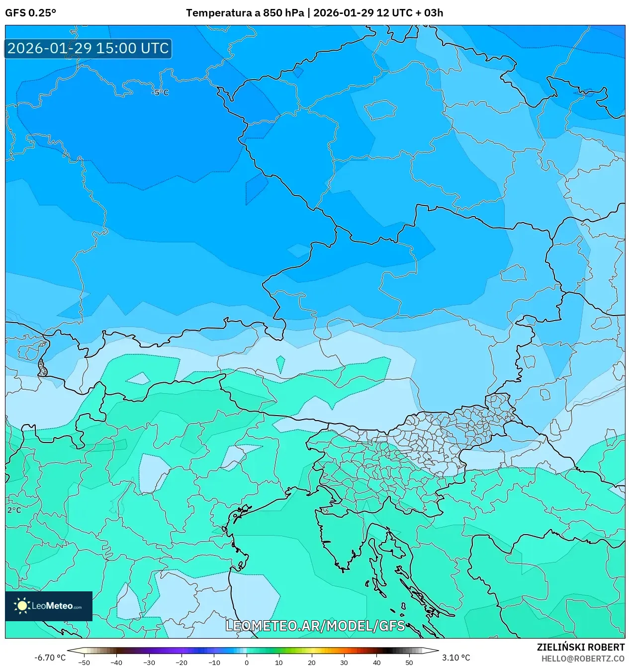 GFS model - Áustria, Temperatura a 850 hPa