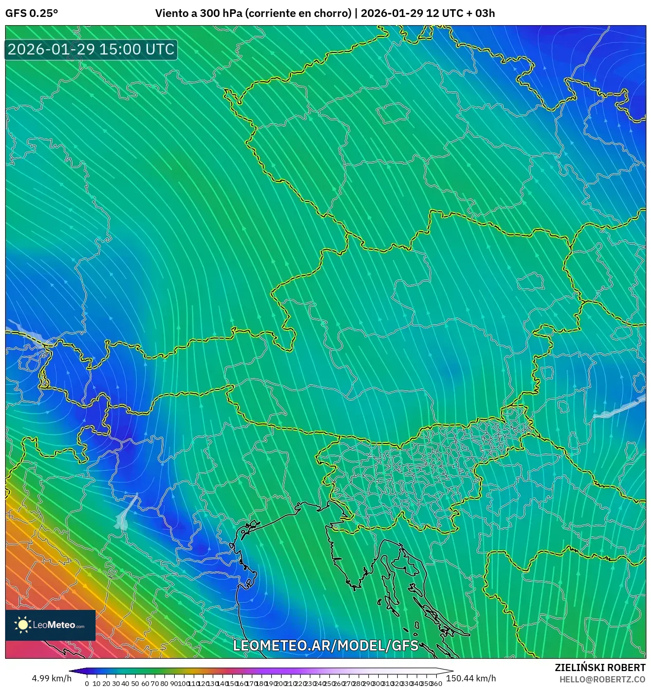 GFS model - Áustria, Vento a 300 hPa (corrente em jato)