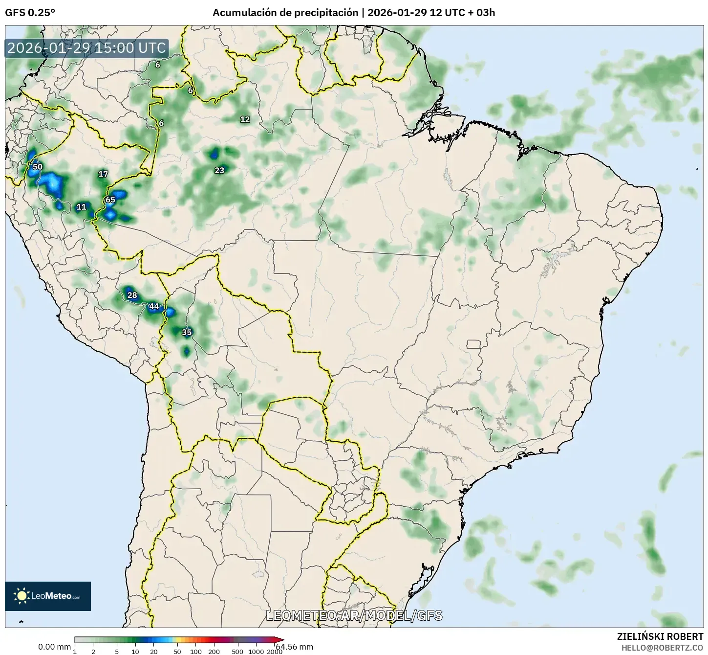 GFS model - Brasil, Acúmulo de precipitação