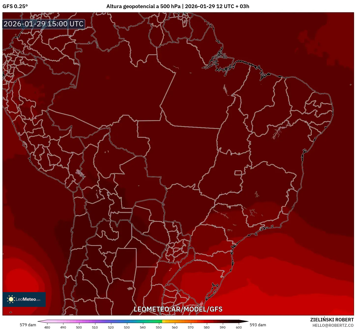 GFS model - Brasil, Altura geopotencial a 500 hPa