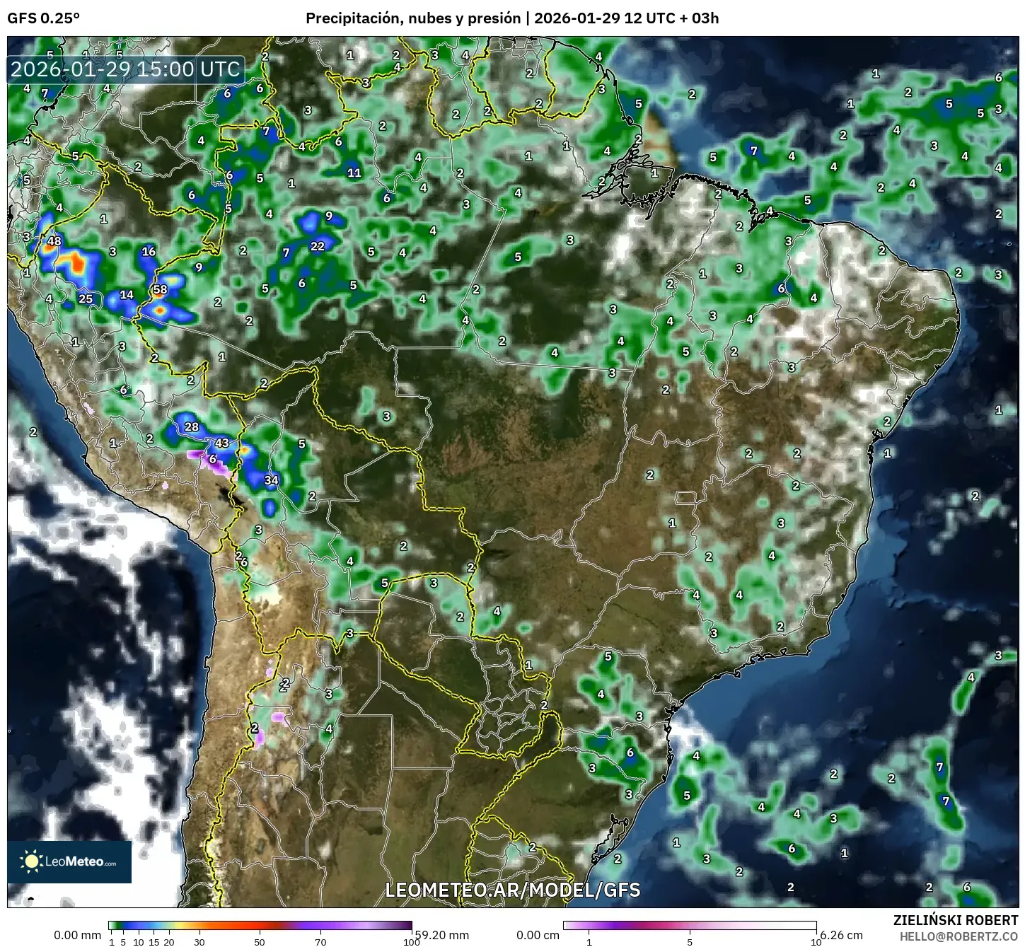 GFS model - Brasil, Precipitação, nuvens e pressão