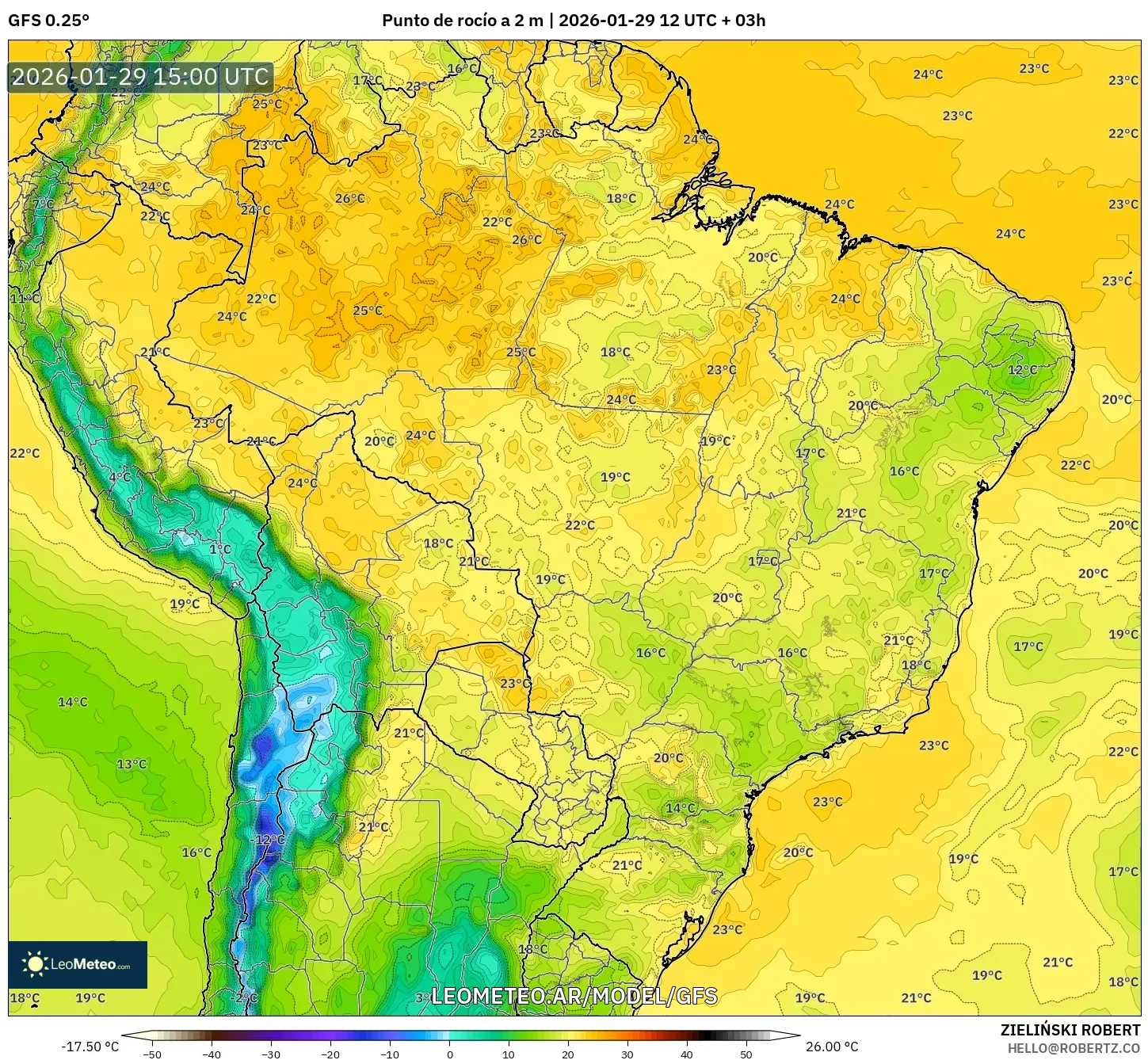 GFS model - Brasil, Ponto de orvalho a 2 m