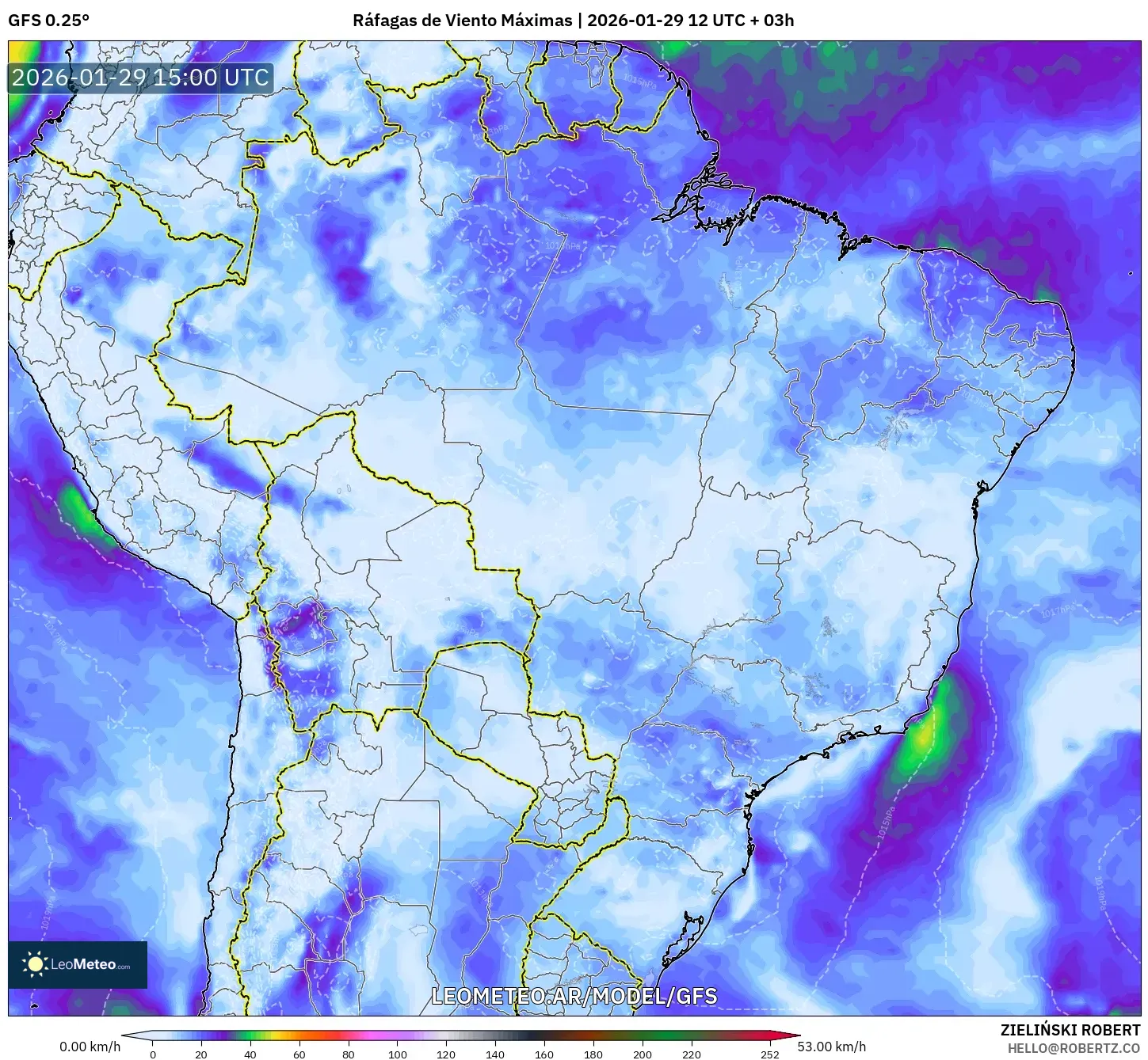 GFS model - Brasil, Rajadas de Vento Máximas