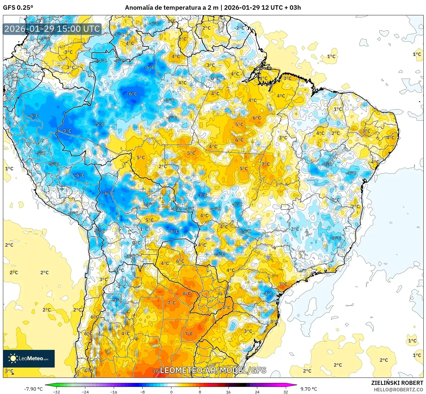 GFS model - Brasil, Anomalia de temperatura a 2 m