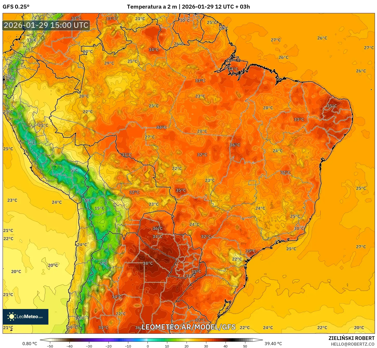 GFS model - Brasil, Temperatura a 2 m
