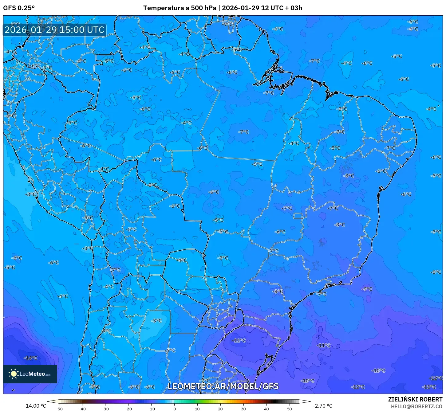 GFS model - Brasil, Temperatura a 500 hPa