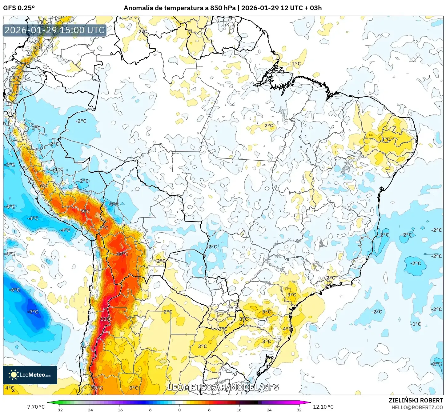 GFS model - Brasil, Anomalia de temperatura a 850 hPa