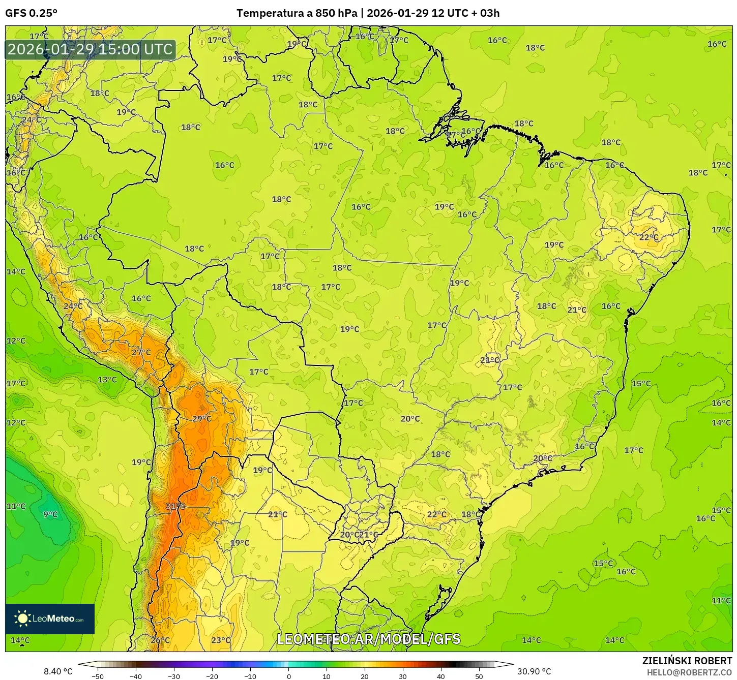 GFS model - Brasil, Temperatura a 850 hPa