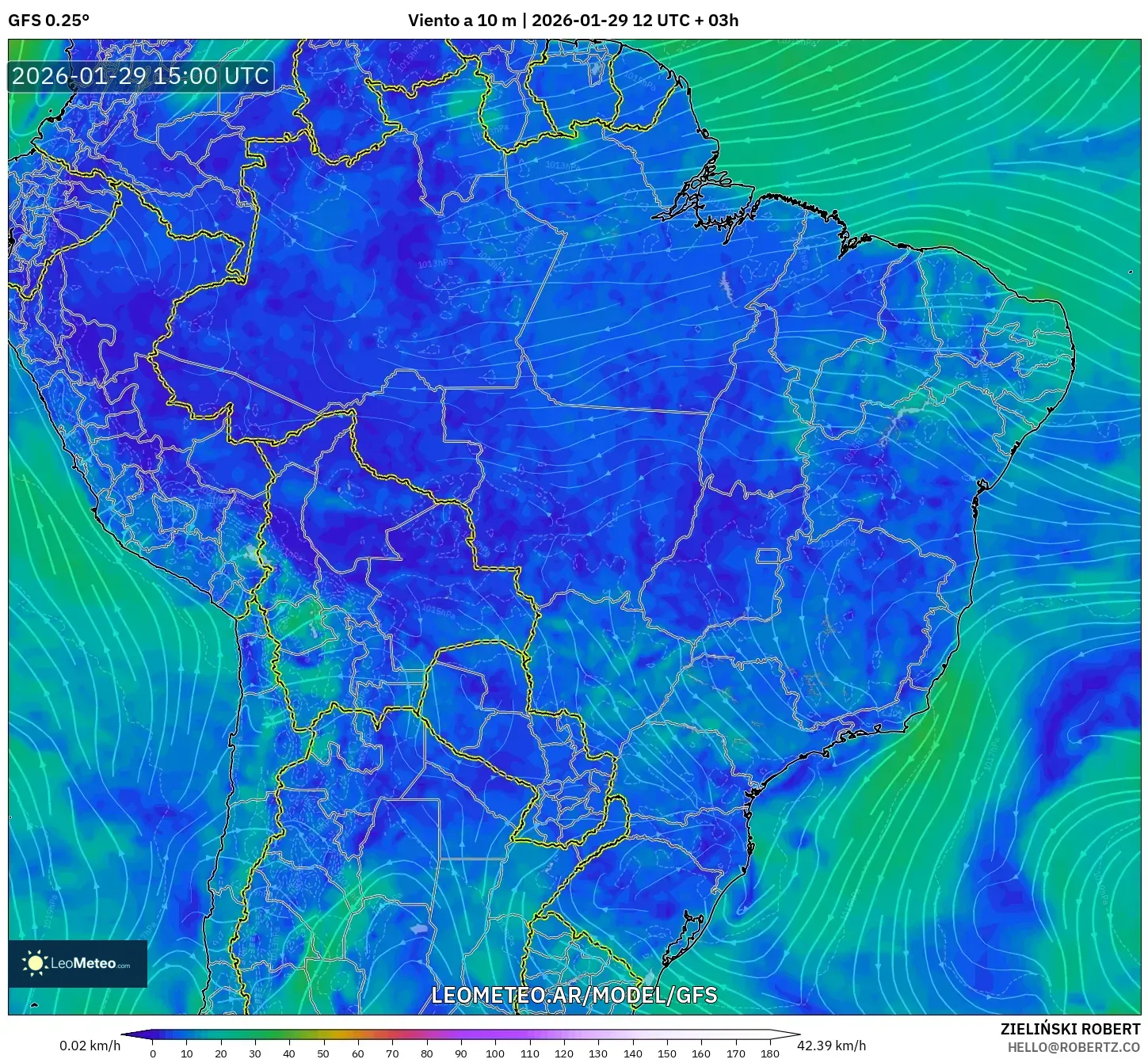 GFS model - Brasil, Vento a 10 m