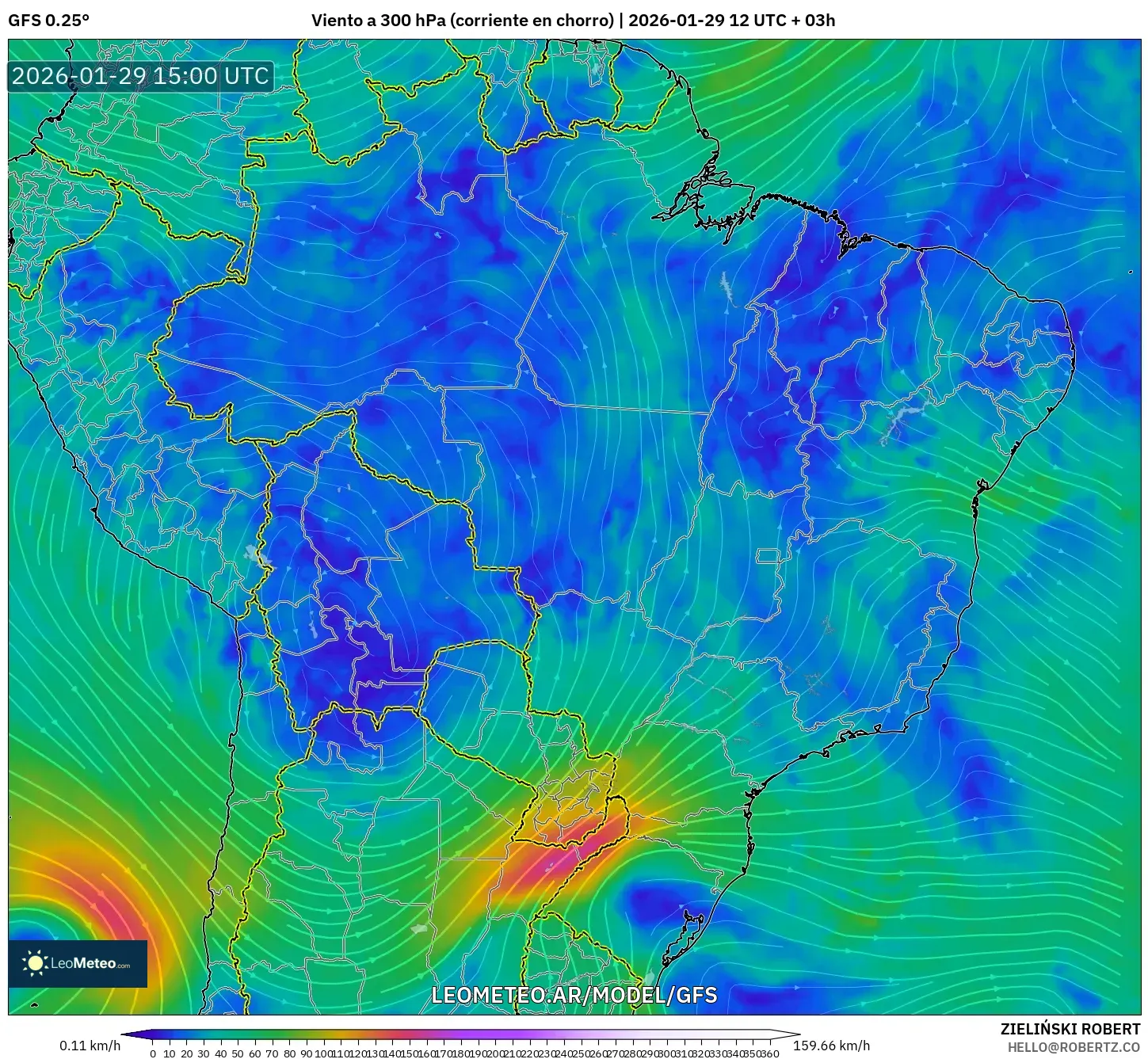GFS model - Brasil, Vento a 300 hPa (corrente em jato)