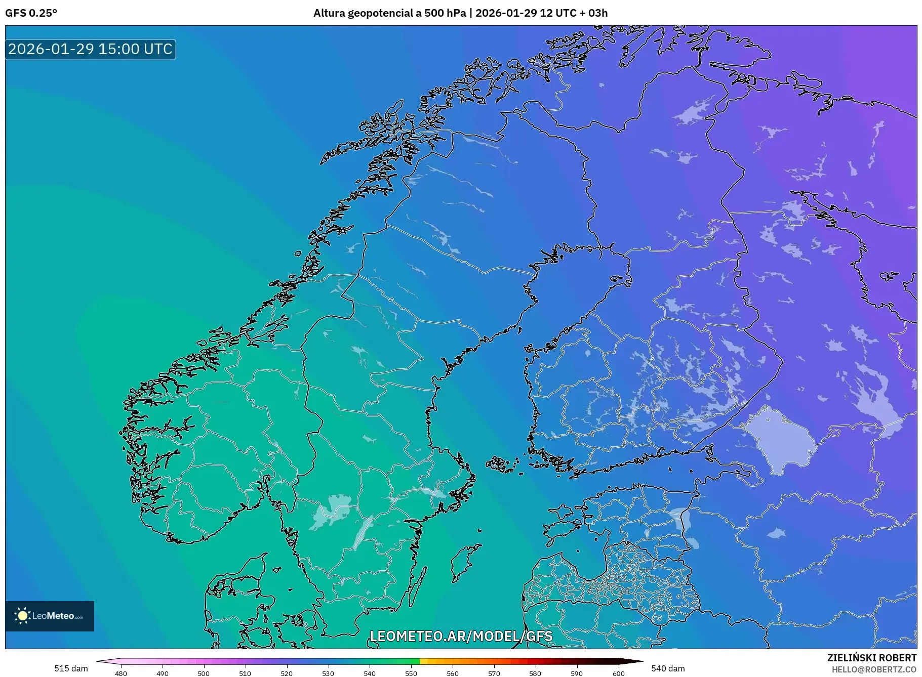 GFS model - Escandinávia, Altura geopotencial a 500 hPa